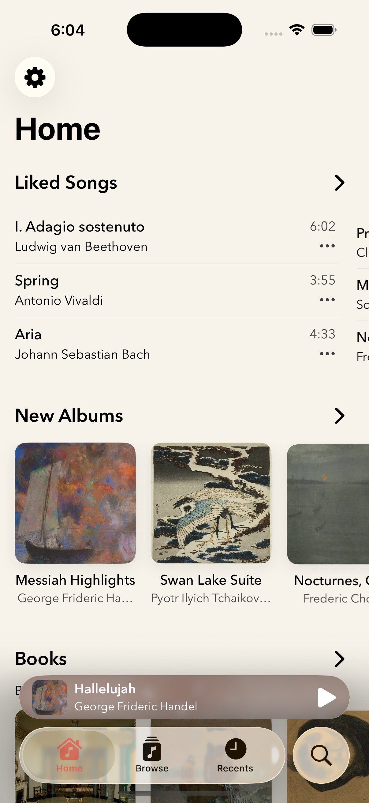 Interlude Home showing liked songs, albums, books, and the current track.